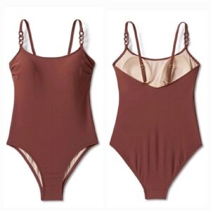 Kona Sol Women's Chain Link Medium Coverage One-piece Swimsuit ~ Brown